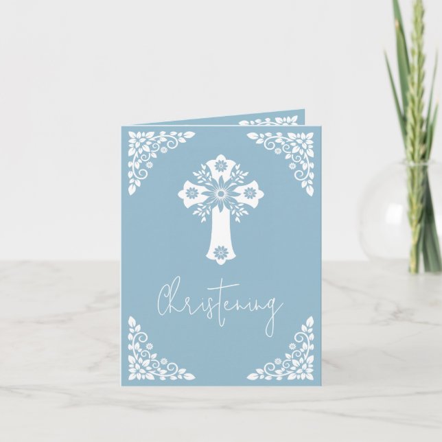 Convite (escrita) Floral Cross Baptism Sky Blue (Frente)