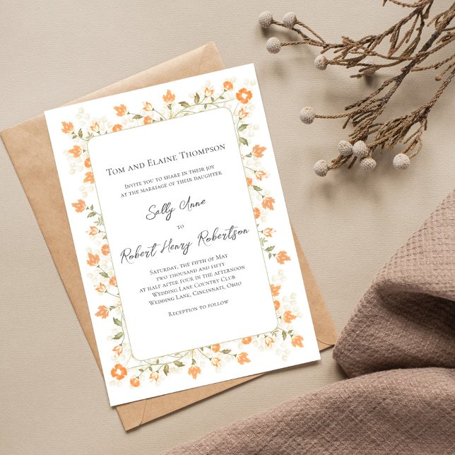 Convite Escrita Floral de Peach Casamento Elegante (Elegant peach floral wedding invitation with a monogram on the backside. )