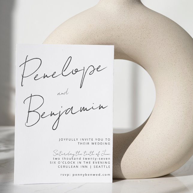 Convite Escrita manual moderna Casamento branco preto tudo (Criador carregado)