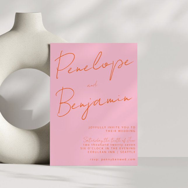 Convite Escrita Manual Moderna Casamento Cor-de-Rosa (Criador carregado)