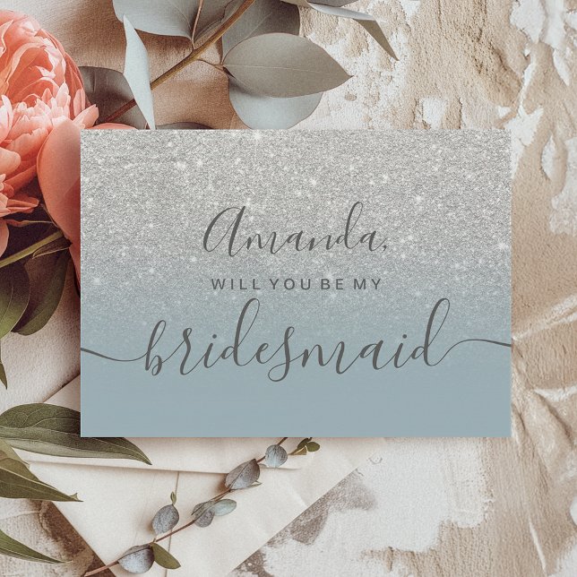 Convite Escrita ombre azul brilhante de prata minha dama d (Silver glitter blue ombre script my bridesmaid invitation)