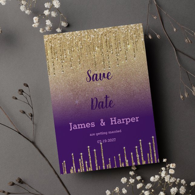 Convite Escrita ombre púrpura glitter ombre scrip Salvar d (Purple gold glitter ombre drip scrip Save the Date)