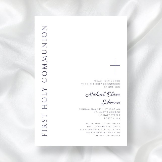Convite Escrito Azul Moderno Marinho Primeira Comunhão Sag (Modern Navy Blue Script First Holy Communion Invitation)