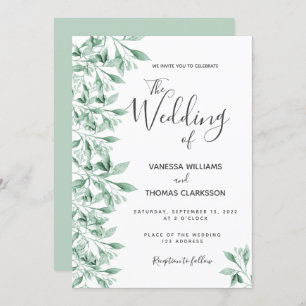Convite Escrito branco botânico verde de casamento elegant