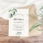 Convite Escrito branco de ginkgo verde de aniversário eleg<br><div class="desc">Frente: um fundo branco-na moda decorado com folhas simples de ginkgo ouro. Personalize e adicione seu nome e detalhes da festa. Volta: esmeralda verde.</div>