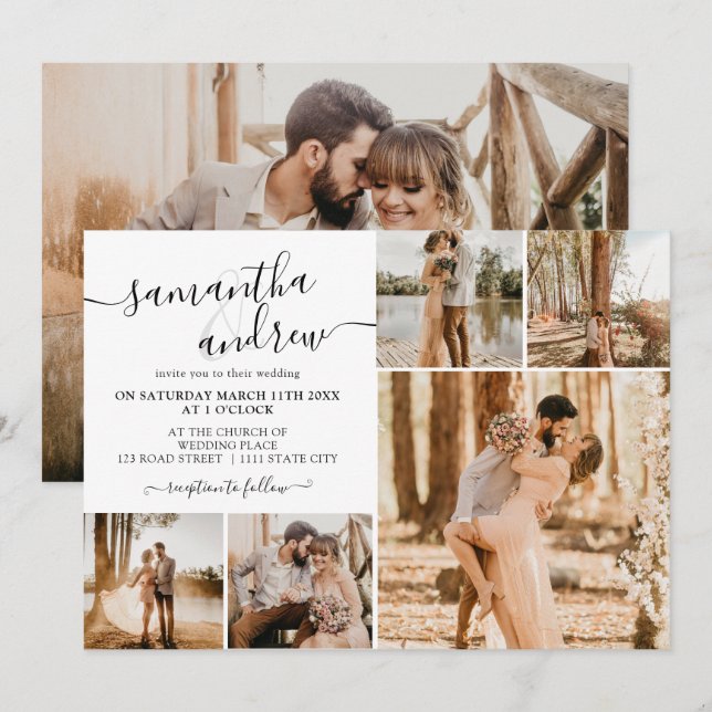 Convite Escrito branco preto moderno 6 fotos casamento (Frente/Verso)