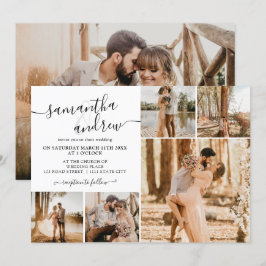 Convite Escrito branco preto moderno 6 fotos casamento