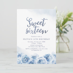 Convite Escrito brilhante azul-floral doce floral 16