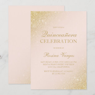 Convite Escrito com brilho dourado cor-de-rosa Quinceanera