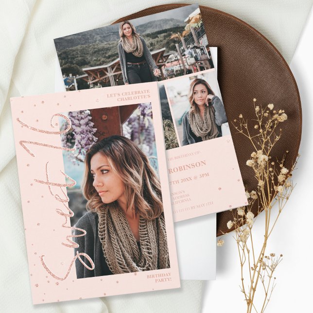 Convite Escrito com brilho rosa de ouro moderno 4 fotos Sw (Criador carregado)