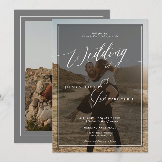 Convite Escrito de casamento preto e branco moderno 2 foto (Frente/Verso)