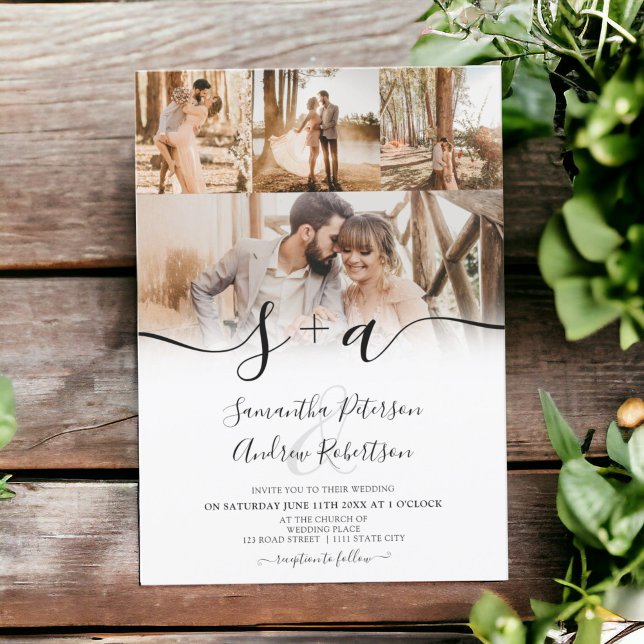 Convite Escrito de iniciais simples moderno 5 fotos casame (Modern simple initials script 5 photos wedding invitation)