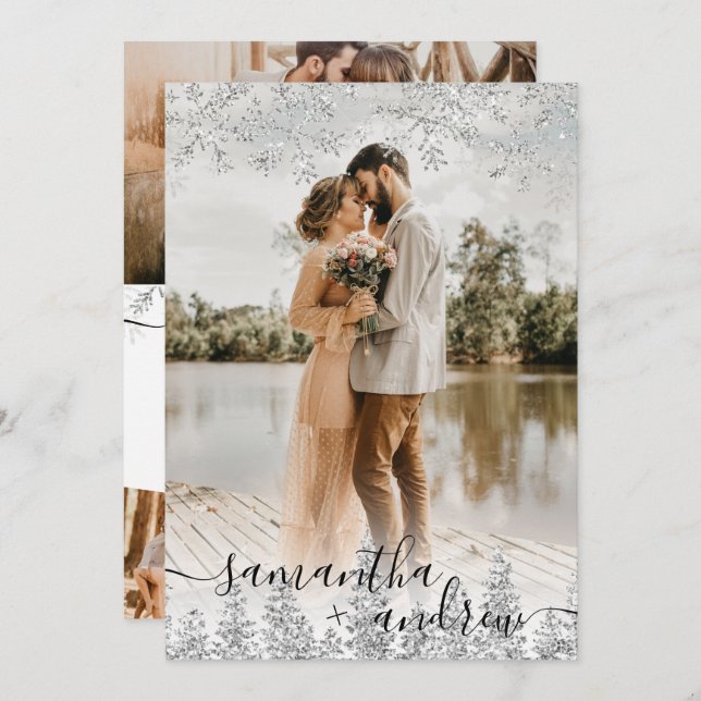 Convite Escrito de neve de prata moderna no inverno 5 foto (Frente/Verso)