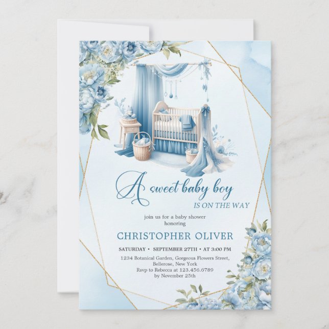 Convite Escrito elegante de caligrafia berço de bebê rapaz (Frente)