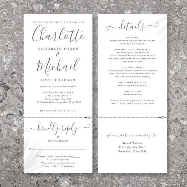 Convite Escrito Elegante Minimalista Tudo Em Um Casamento (Elegant Script Minimalist All In One Wedding Invitation)