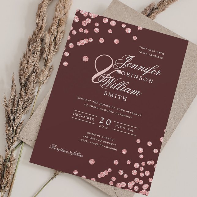 Convite Escrito Elegante Rosa Confetti Burgundy Confetti (Elegant Script Wedding Rose Gold Confetti Burgundy Invitation)