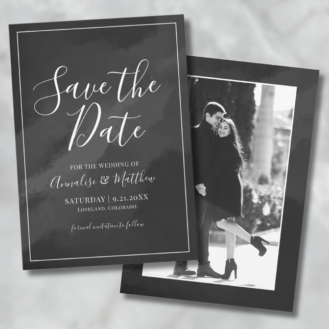Convite Escrito Elegante White Preto Salve o Casamento de  (Elegant Script Black White Save the Date Wedding Invitation)