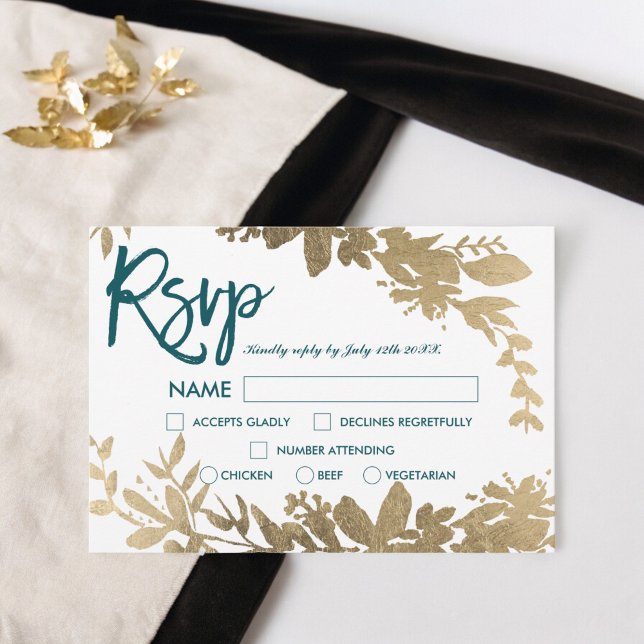 Convite Escrito em chic teal Folha de ouro Floral casament (Chic teal script Floral gold leaf rsvp wedding Invitation)