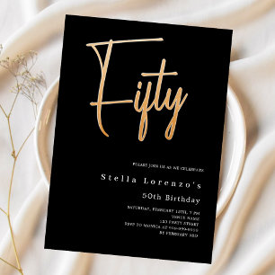 Convite Escrito em ouro preto elegante 50º aniversário