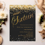 Convite Escrito em ouro preto elegante Sweet 16<br><div class="desc">Um 16 convite moderno. Um fundo negro e a palavra dezesseis escrita com letras grandes. Decorado com confete de ouro. Personalize e adicione um nome e detalhes da parte.</div>