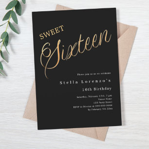 Convite Escrito em ouro preto elegante Sweet 16