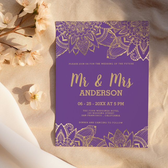 Convite Escrito em ouro roxo chico MR. mandala Wedding (Chic purple gold script MR MRS mandala Wedding )