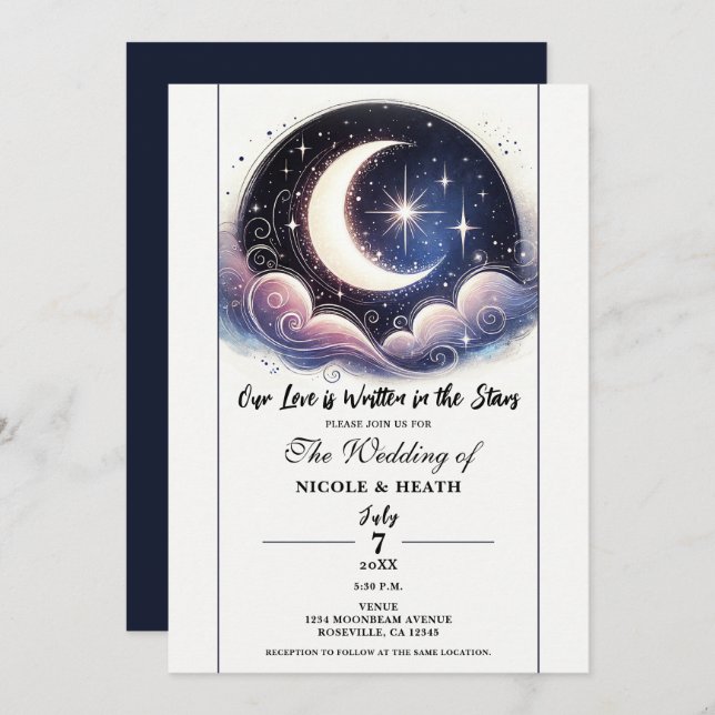 Convite Escrito em Stars Watercolor Moon Wedding (Frente/Verso)