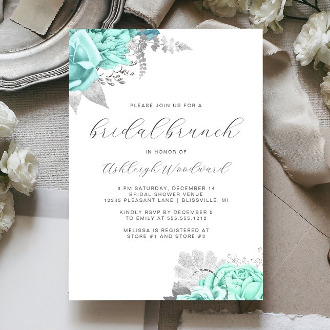 Convite Escrito Floral Elegante Aqua Silver Bridal Brunch (Criador carregado)