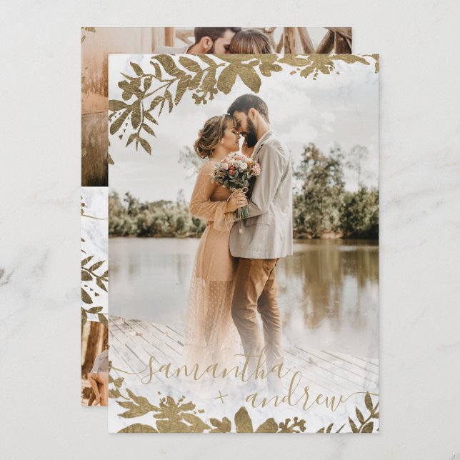 Convite Escrito floral em ouro chico 5 fotos casamento (Frente/Verso)