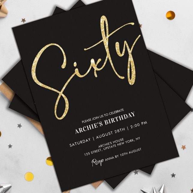 Convite Escrito Minimalista Preto e Dourado 60º Aniversári (60th birthday party invitations modern black and gold glitter template)