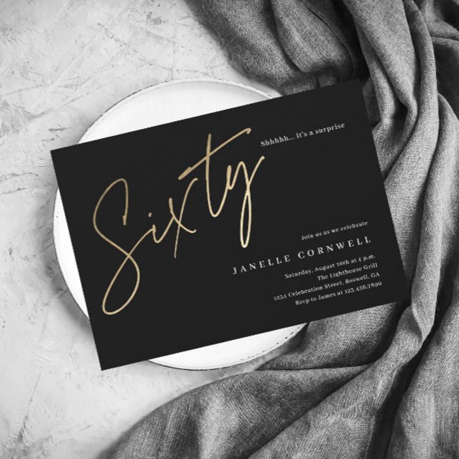 Convite Escrito Minimalista Preto e Dourado 60º Aniversári (Criador carregado)