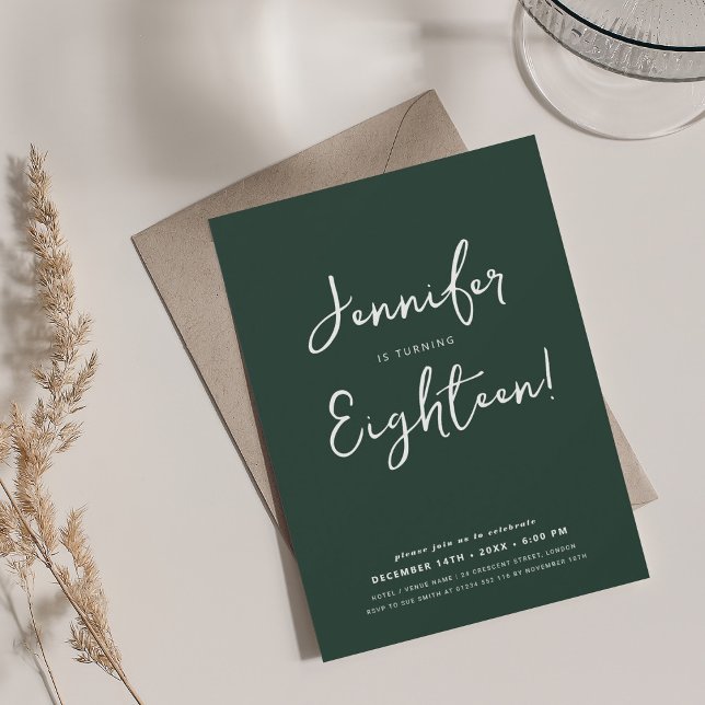 Convite Escrito Mínimo Moderno 18º Aniversário do Emerald (Modern Minimal Script 18th Birthday Emerald Invitation)