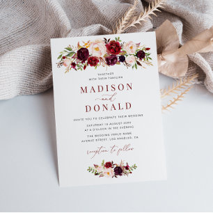 Convite Escrito moderno Burgundy e blush casamento floral