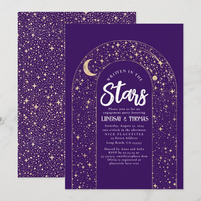 Convite Escrito na Festa de noivado Celestial das Estrelas (Frente/Verso)
