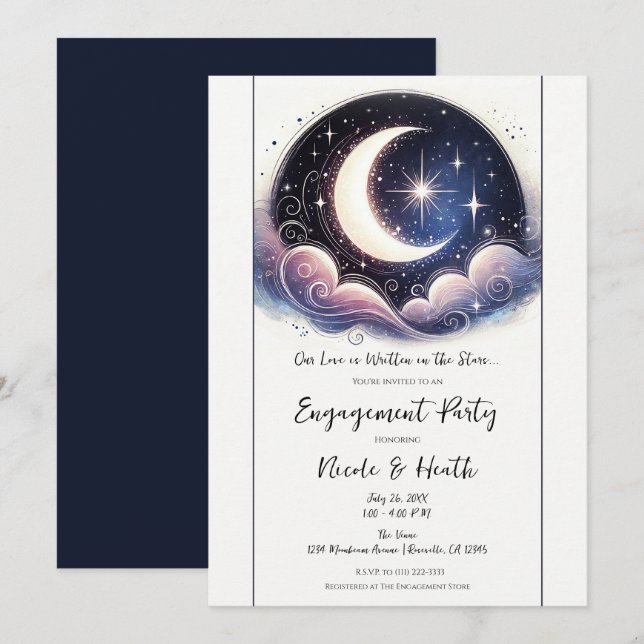 Convite Escrito nas Estrelas Aquarela Lua Festa de Engajam (Frente/Verso)