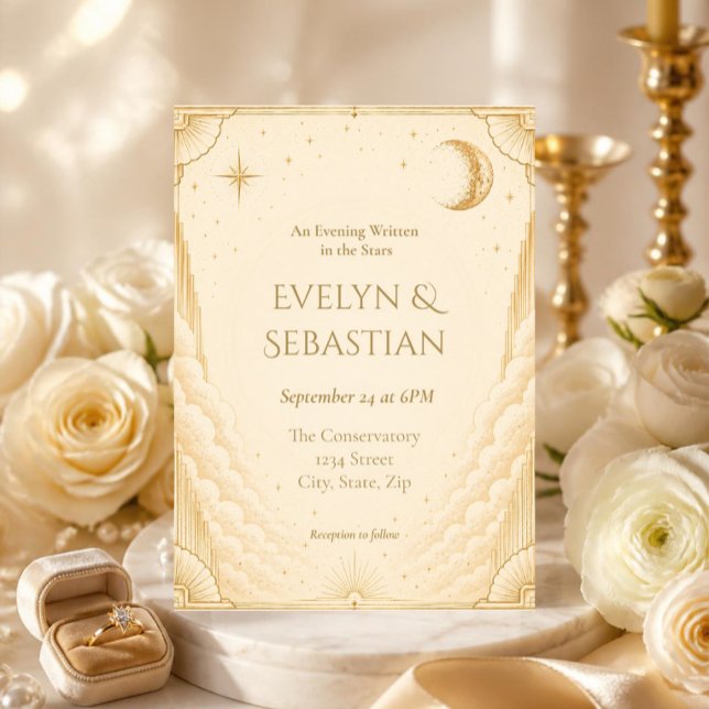Convite Escrito nas Estrelas Bodas de Ouro Celestial (Elegant cream and gold celestial wedding invitation with moon, stars, Art Deco border.)