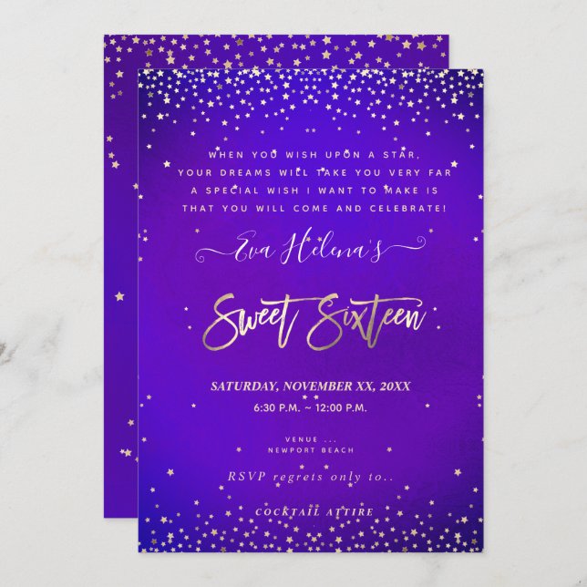 Convite Escrito no Stars Sweet 16, Ultra Violet (Frente/Verso)