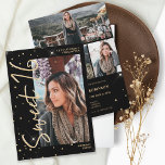 Convite Escrito preto brilhante em ouro moderno 4 fotos 16<br><div class="desc">O moderno glitter dourado confetti brilha o script preto Sweet 16 convite de aniversário. Adicione 4 de suas fotos favoritas com uma fonte moderna com estilo escovado e colagem com grade de fotos.</div>