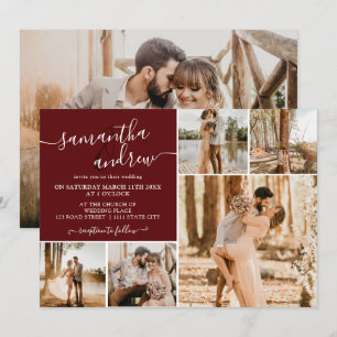 Convite Escrito vermelho moderno de burgundy 6 fotos casam