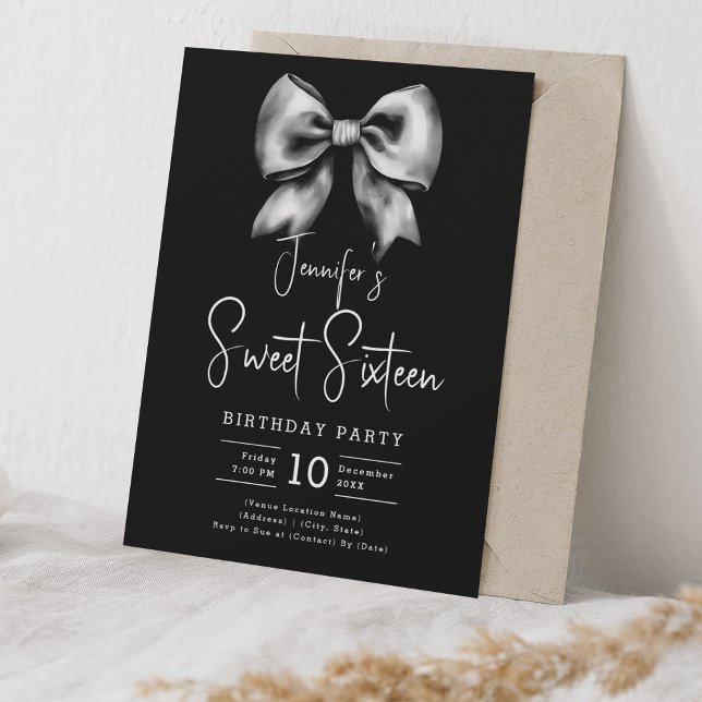Convite Escritor de coquete de Arco bonito, 16 partes pret (Cute Bow Coquette Script Sweet 16 Party Black Invitation)