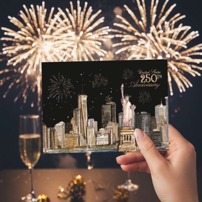 Convite Escritório Dourado do Aniversário 250 dos EUA (Elegant US 250th Birthday NYC Gold Firework Invitation)