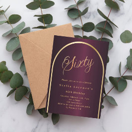 Convite Escritura de arco de ouro burgundy de 60 anos eleg