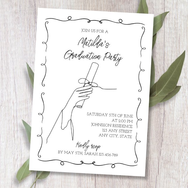 Convite Escrivar Festa de formatura Preta e Branca Desenha (Hand Drawn Black & White Chic 2024 Graduation Invitation)