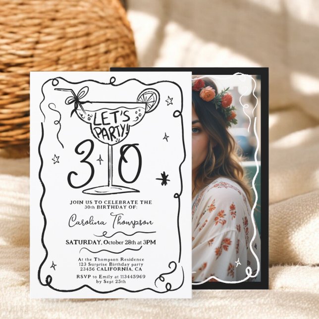 Convite Escrivores brancas-pretas, quiricas, de 30 anos (Black white quirky whimsical scribbles 30 birthday invitation)