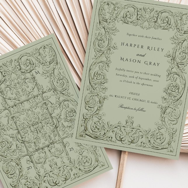 Convite Escrolagem de Casamento de Ornamentado Verde Vinta (Criador carregado)