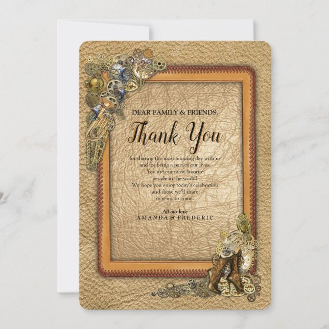 Convite Esculturas Góticas - Steampunk em Couro Obrigado (Frente)