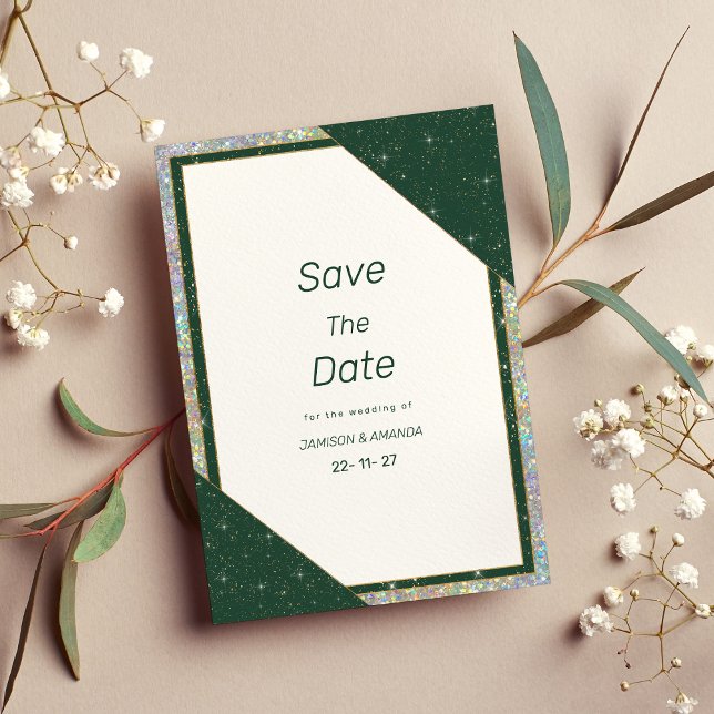 Convite Escuridão geométrica do brilho do ouro verde-escur (Geometric dark green gold sparkle Save The Date)