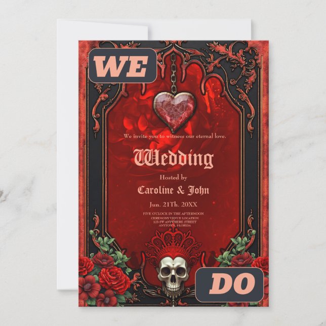 Convite Escuridão real, coração gótico e crânio (Frente)