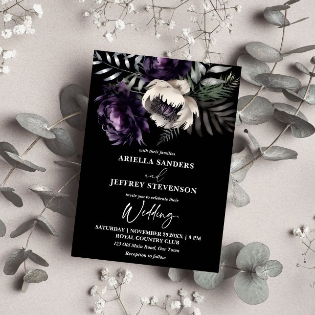 Convite Escuro elegante de vassoura, tudo em um casamento (Dark moody boho elegant all in one wedding editable template invitation digital download purple)