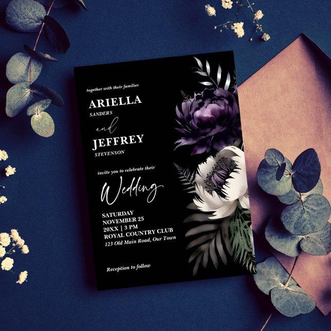 Convite Escuro elegante, tudo numa modelo de casamento (Dark moody elegant all in one wedding template invitation digital download purple peonies gothic)